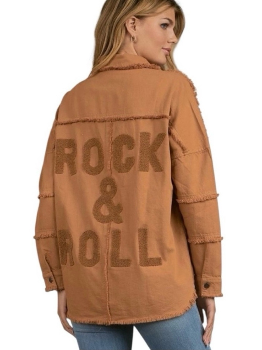 NWT ELAN Women's Camel Rock and Roll Distressed Button Up Shacket Size Small
